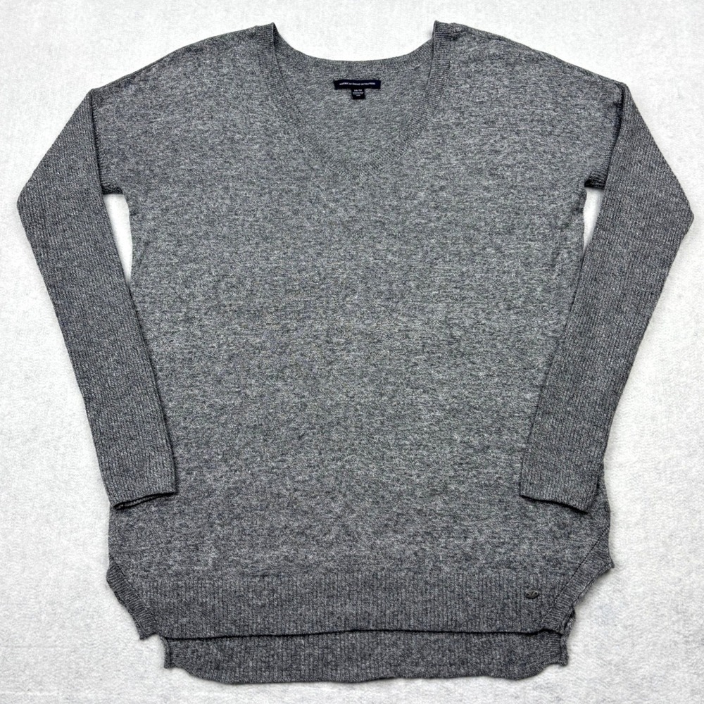 American Eagle Sweater Womens XS Gray V Neck Oversized High Low Tunic Pullover